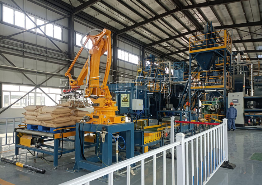 澆注料全自動包裝設(shè)備配套自動碼垛機(jī)械手的工作流程是什么？